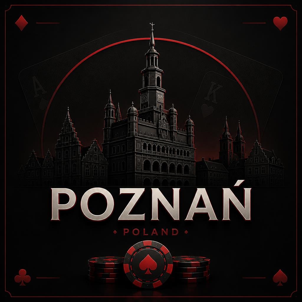 gpt image 2 city card poznań skyline silhouette ratusz poker theme dark background red acce 0